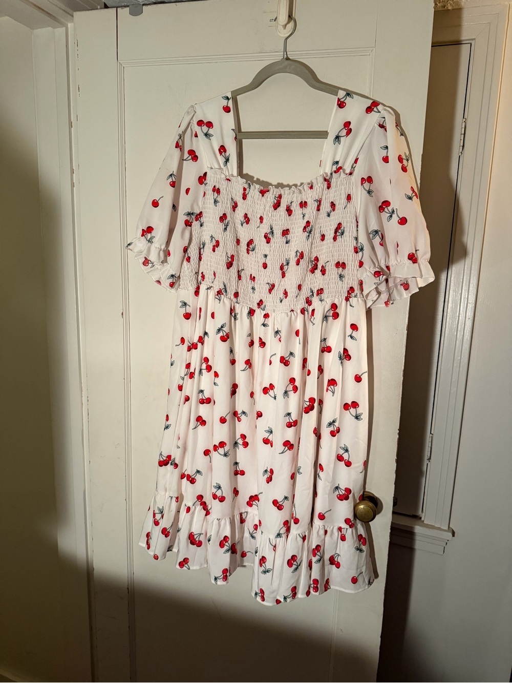 White Cherry Print Smocked Dress
